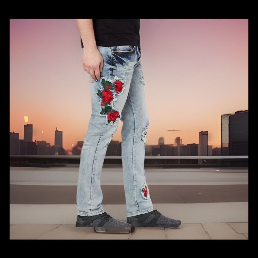Men’s Edgy Grunge Retro Distressed DOPE Hager Rose  Patches Stretch Jean Sz 36